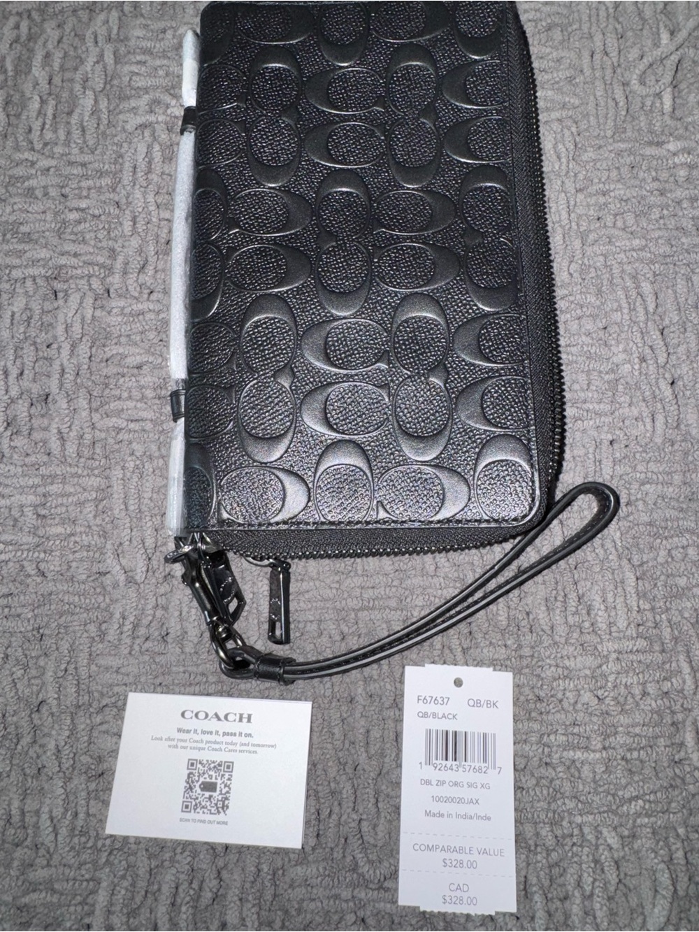 Coach Black Embossed Signature Zip Wristlet with Wrist Strap